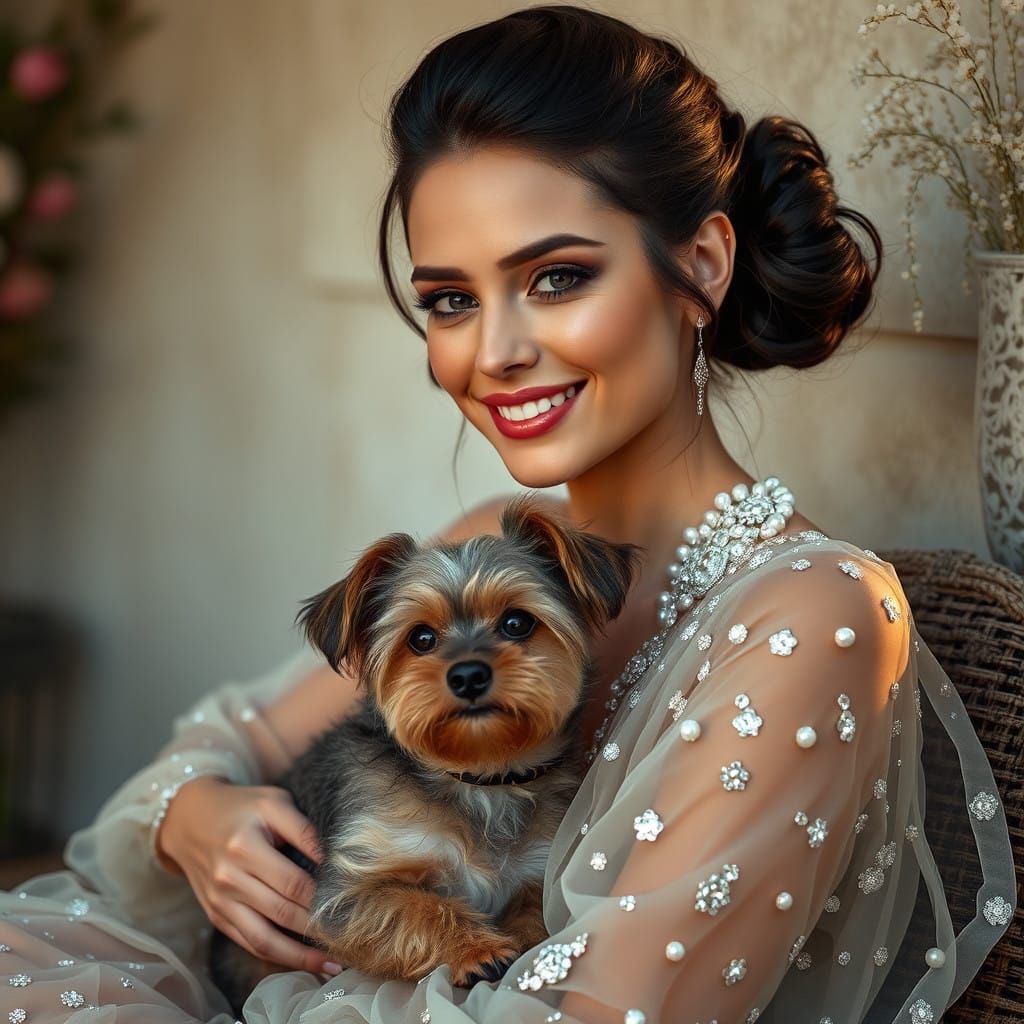 Glamorous Woman in Golden Gown with Dog, Realistic Portrait