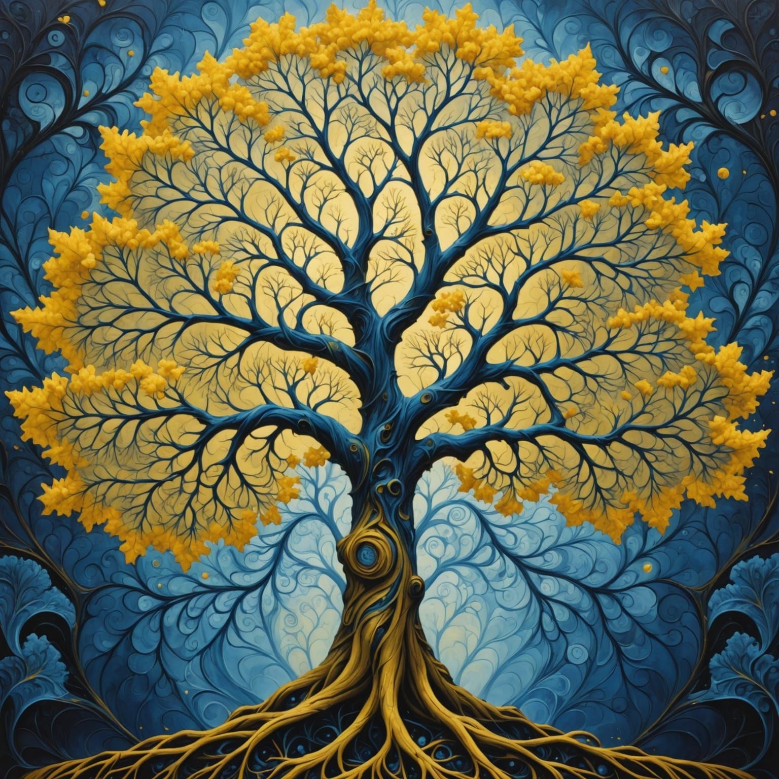 Intricate Fractal Tree Painting in Blue and Yellow