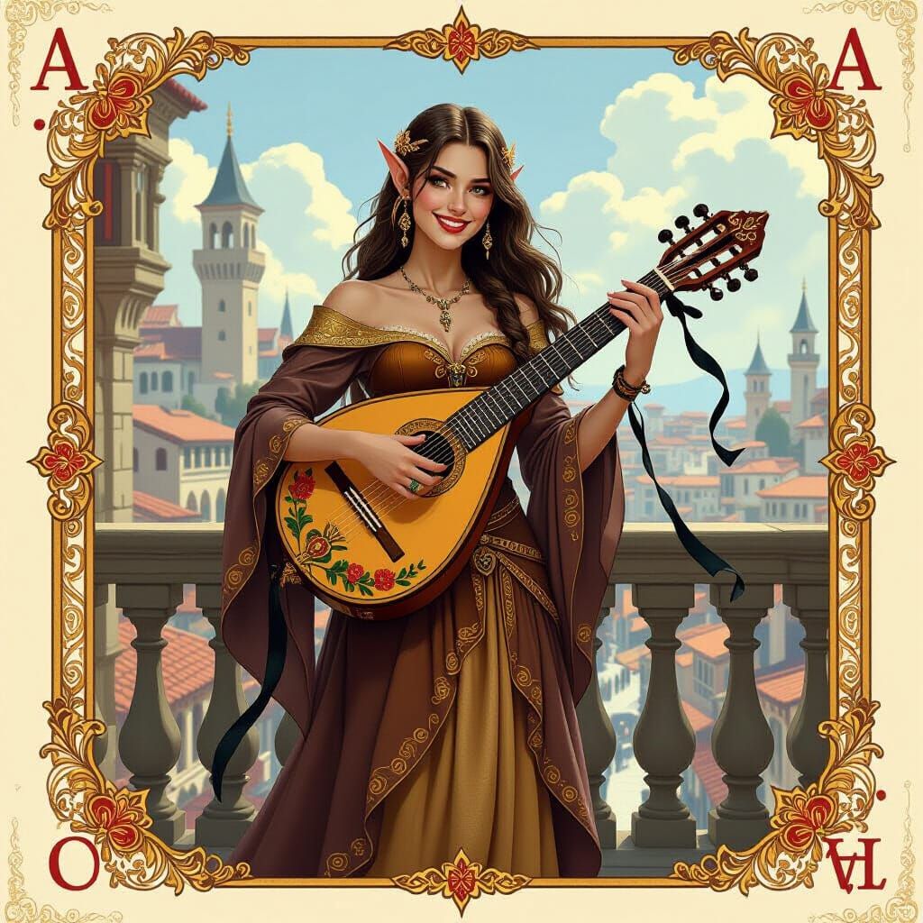 Ace of Cloves Bard Playing Lute in Medieval City