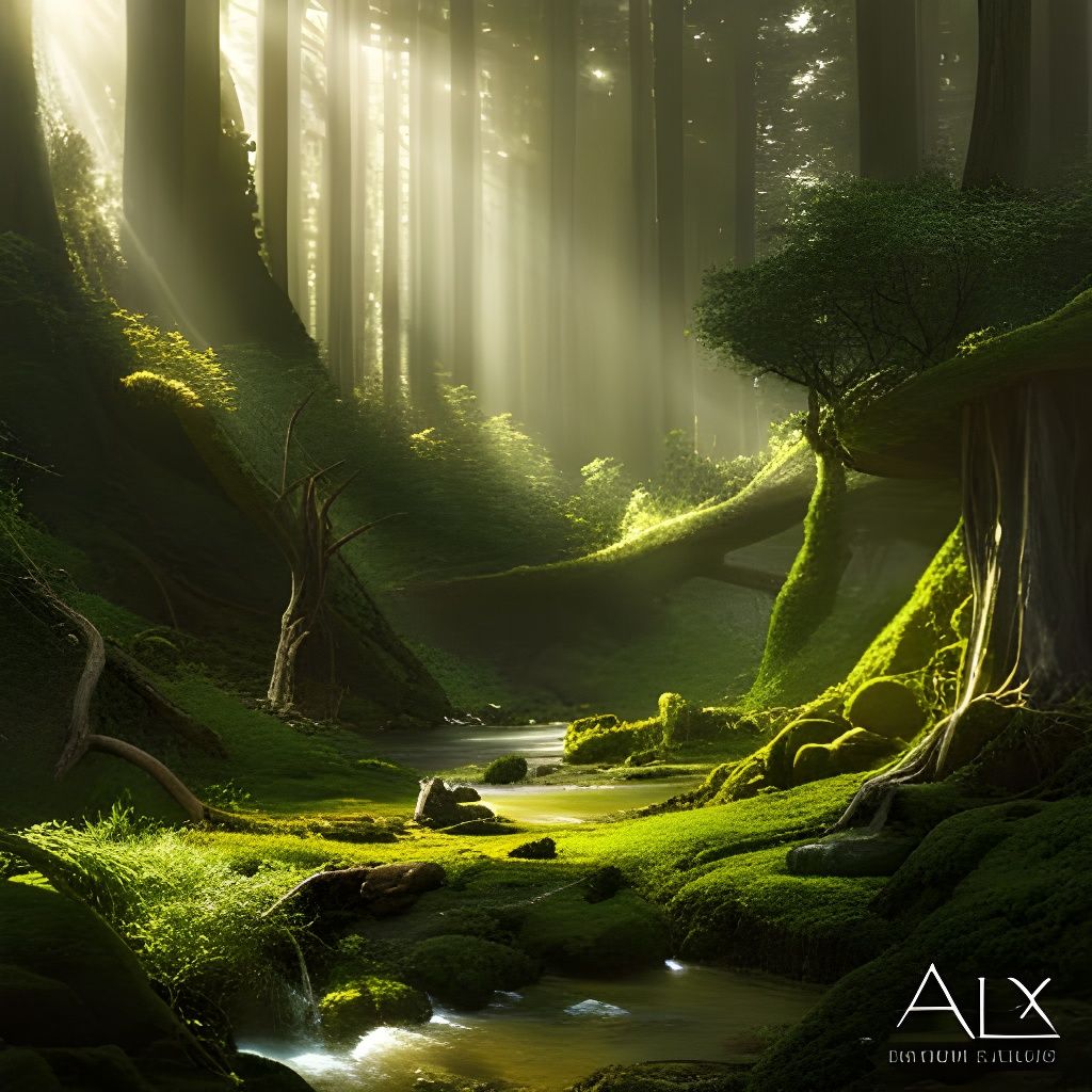 Enchanted Forest with God Rays: Surreal Landscape