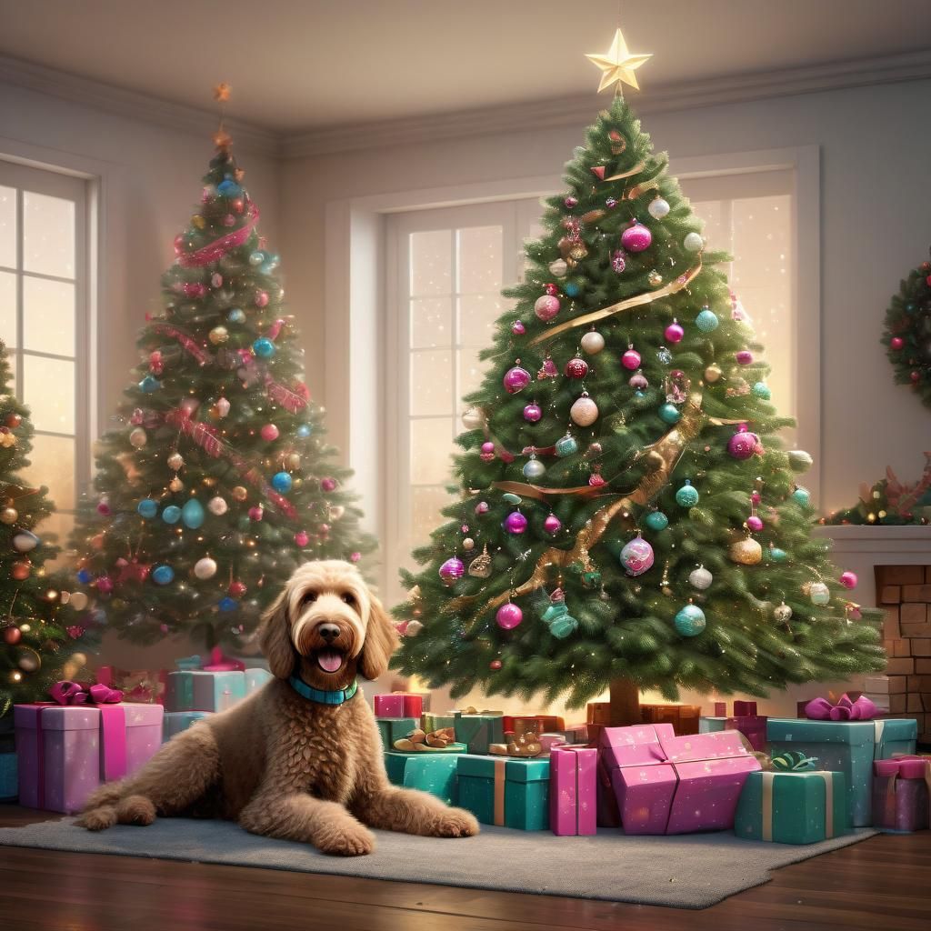 Festive Christmas Tree with Dog, 3D Digital Art