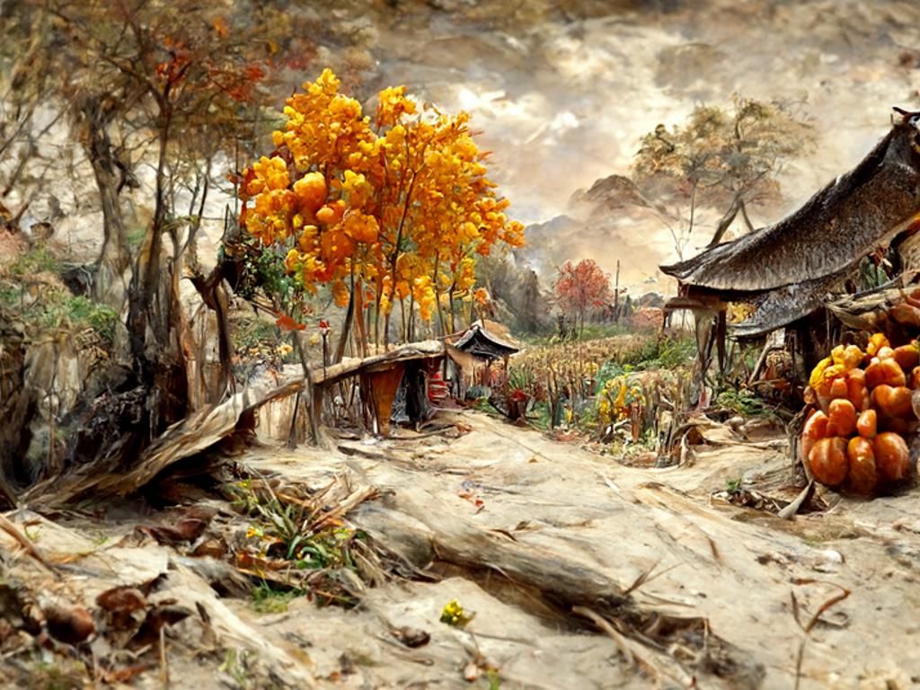 Autumn Bamboo Valley Landscape in Oil Painting Style