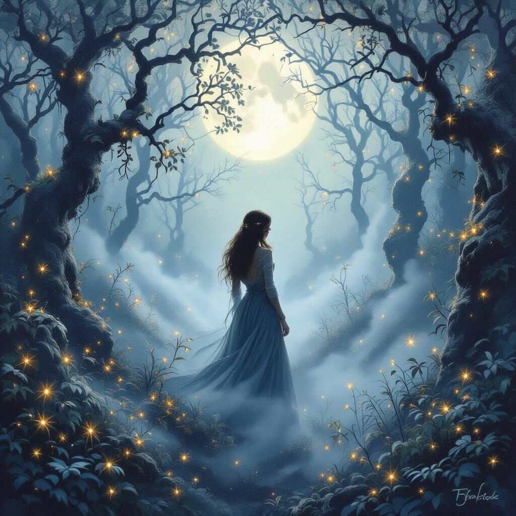 Mystical Moonlight Forest Scene in Romantic Style