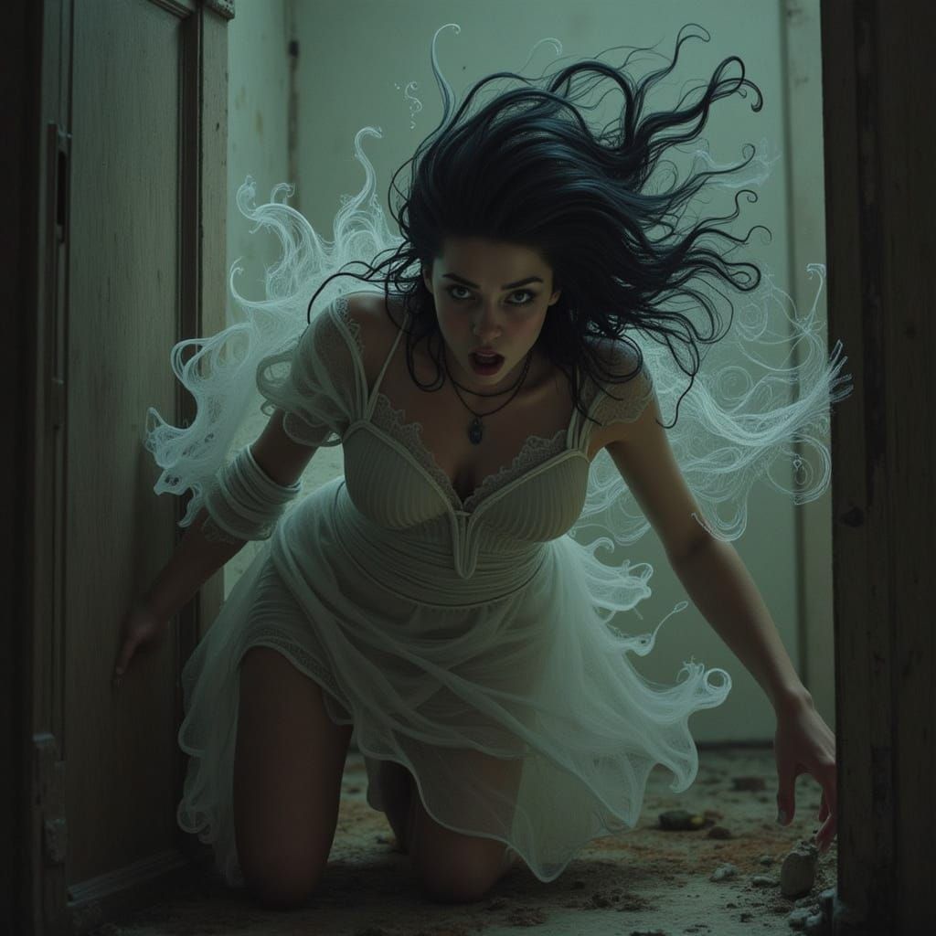 Terrified Woman Hiding from Ghostly Figure