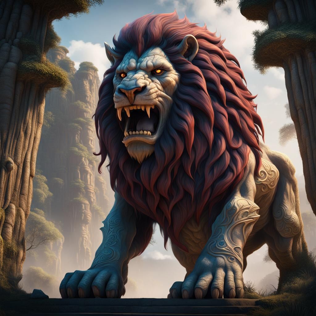 Lion-Faced Giant Humbaba: Detailed Fantasy Art
