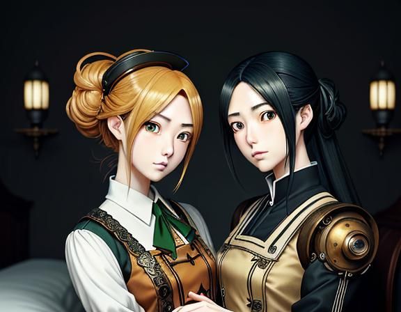 Kemono Twin Sisters Kissing in Manga Style