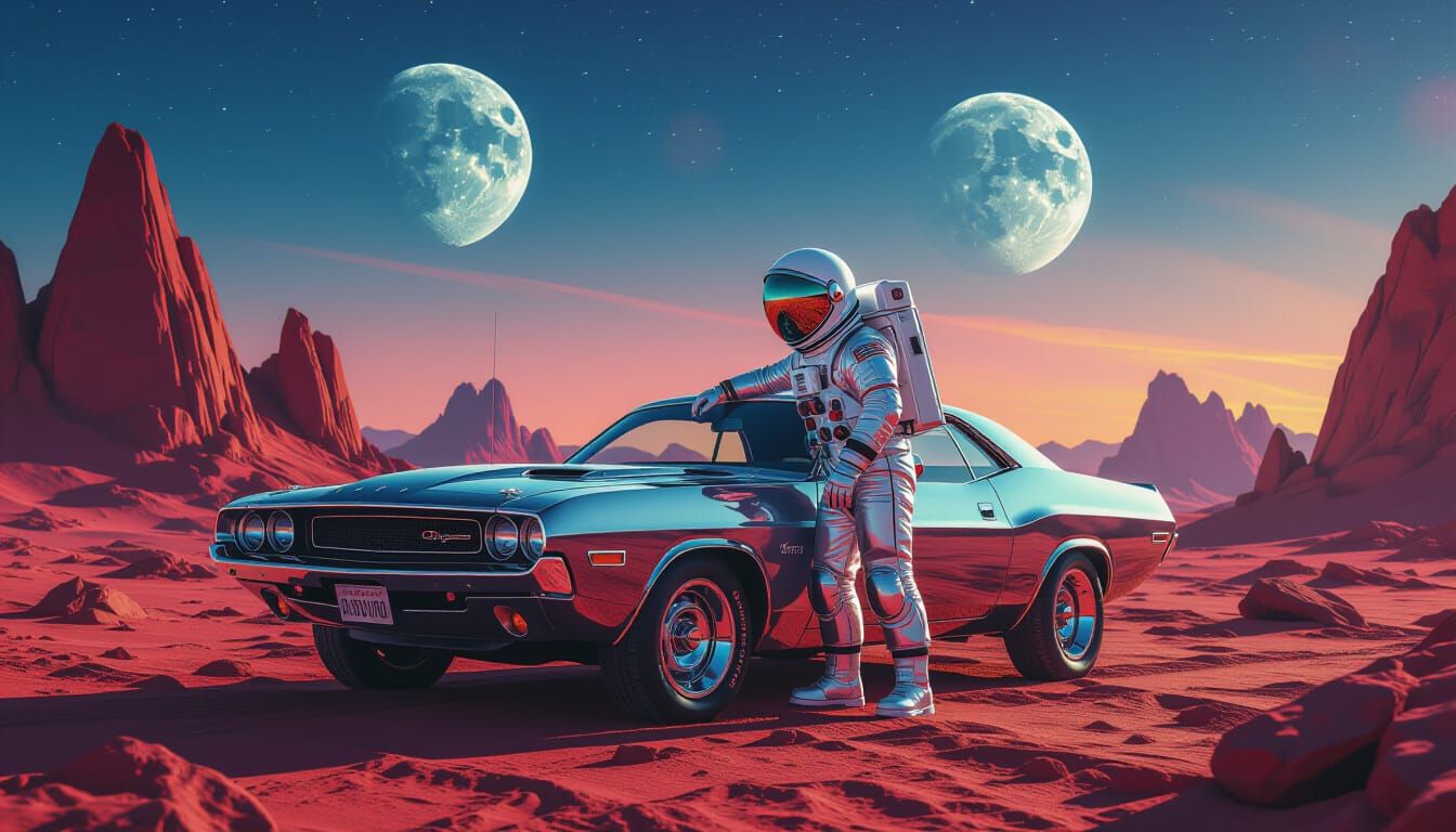Astronaut Polishes Muscle Car on Alien Planet