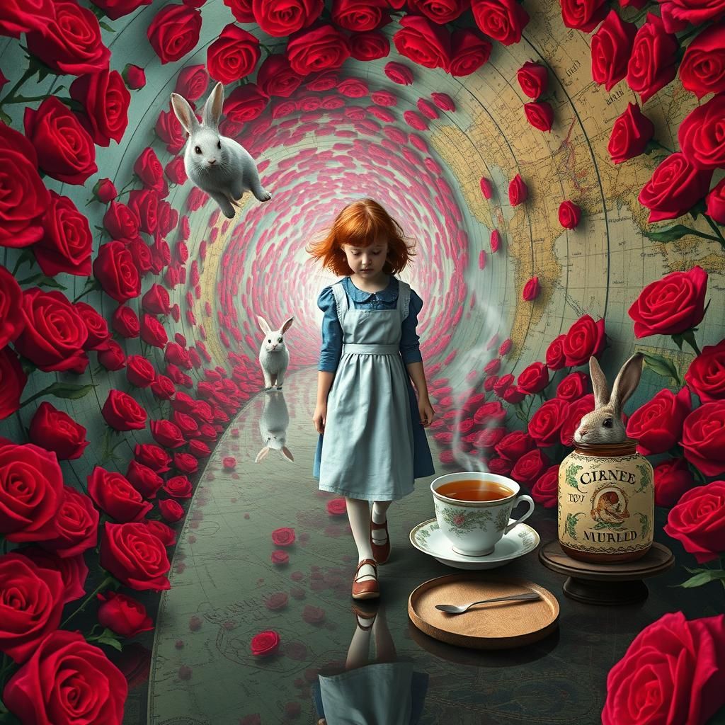 Surreal Girl in Hallway of Ruby Roses