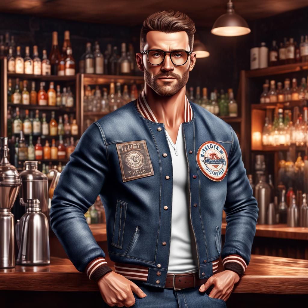 Handsome Bartender in Cozy Gay Bar, Photorealistic Image