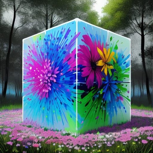 Vibrant Blooming Flower Forest with a Cube in Graffiti Style