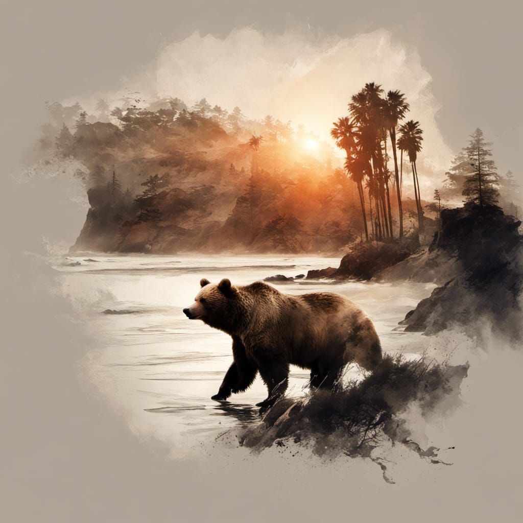 California Sunrise Double Exposure Brown Bear Art
