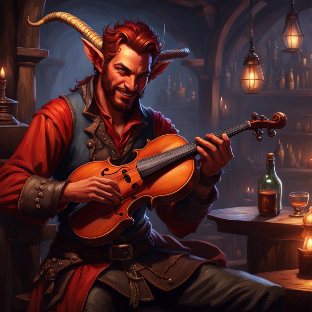 Handsome Tiefling Bard in Tavern: Dark Fantasy Concept Art