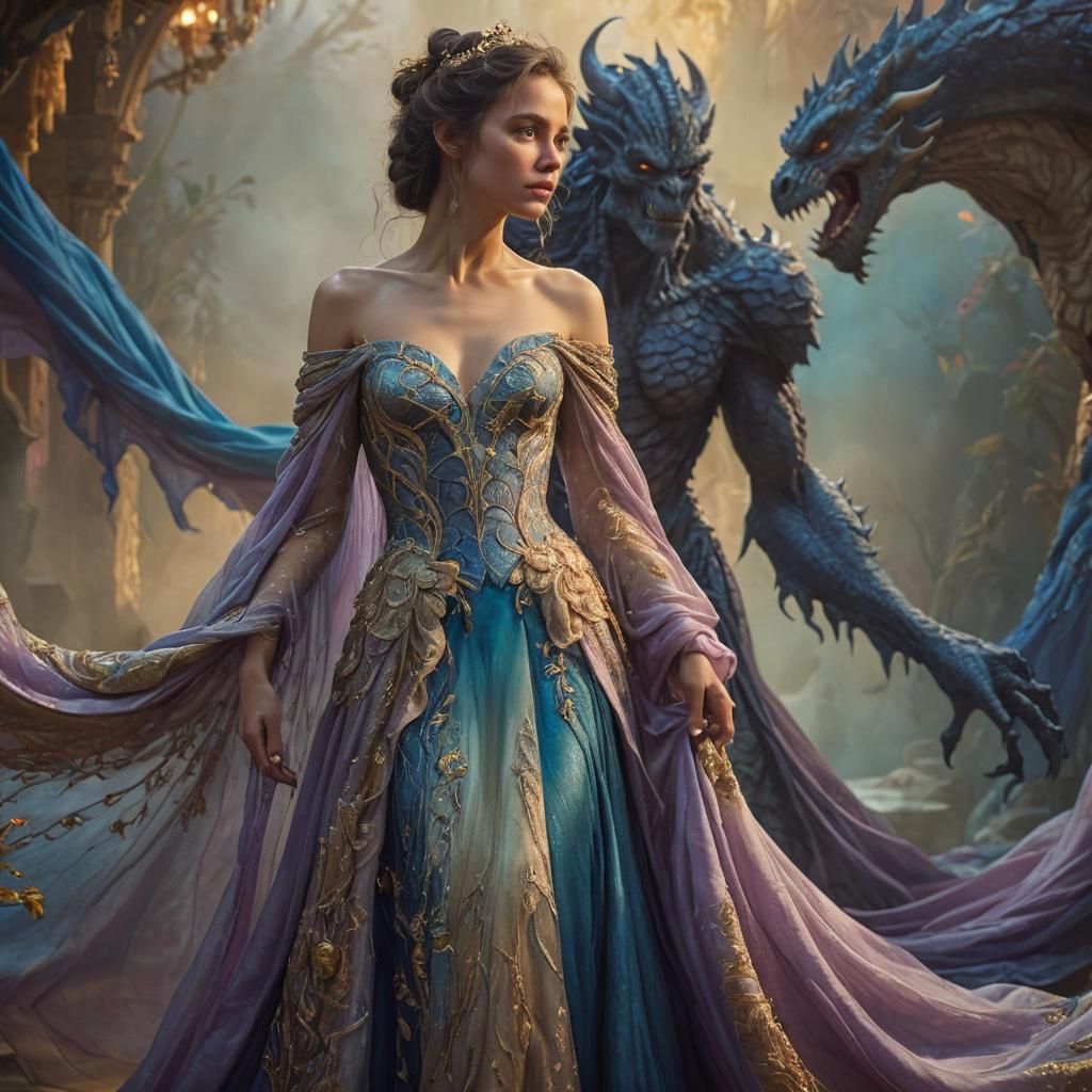 Fantasy Woman and Monster in Digital Painting