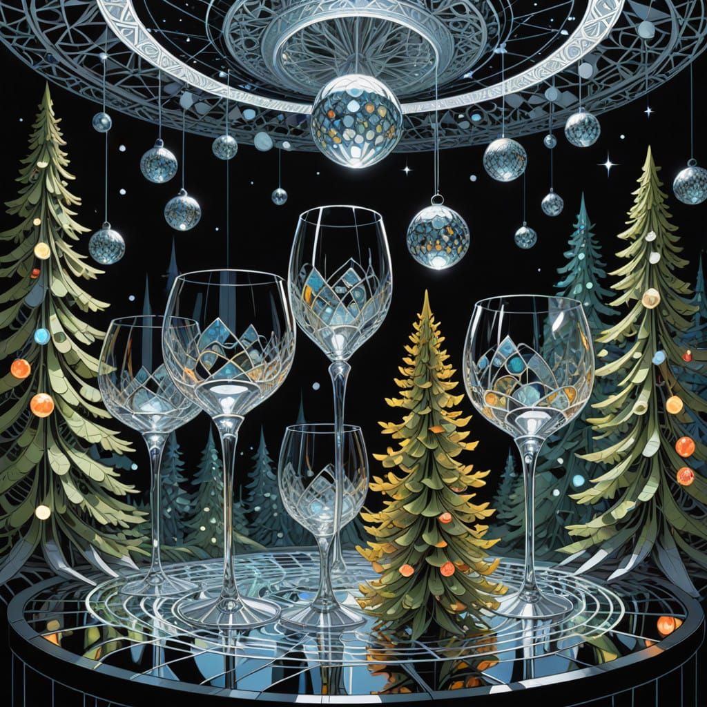 Vibrant Fractal Xmas Scene with Crystal Glasses
