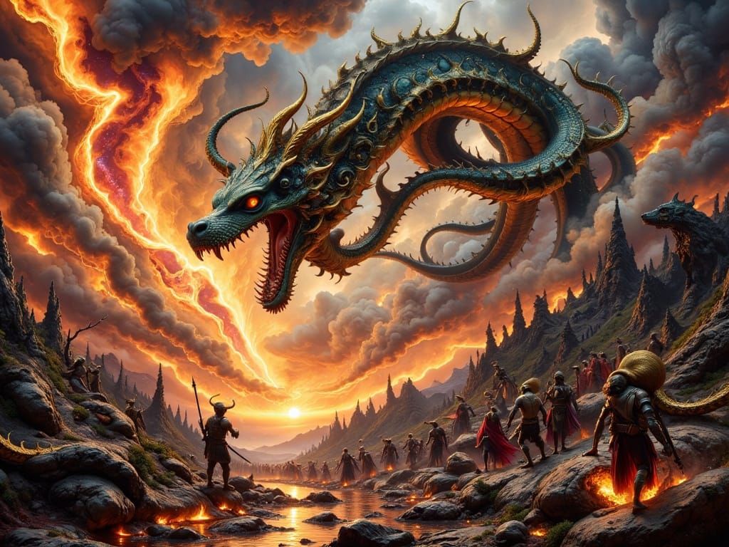 Hydra's Fury in Volcanic Battle, Baroque Illustration