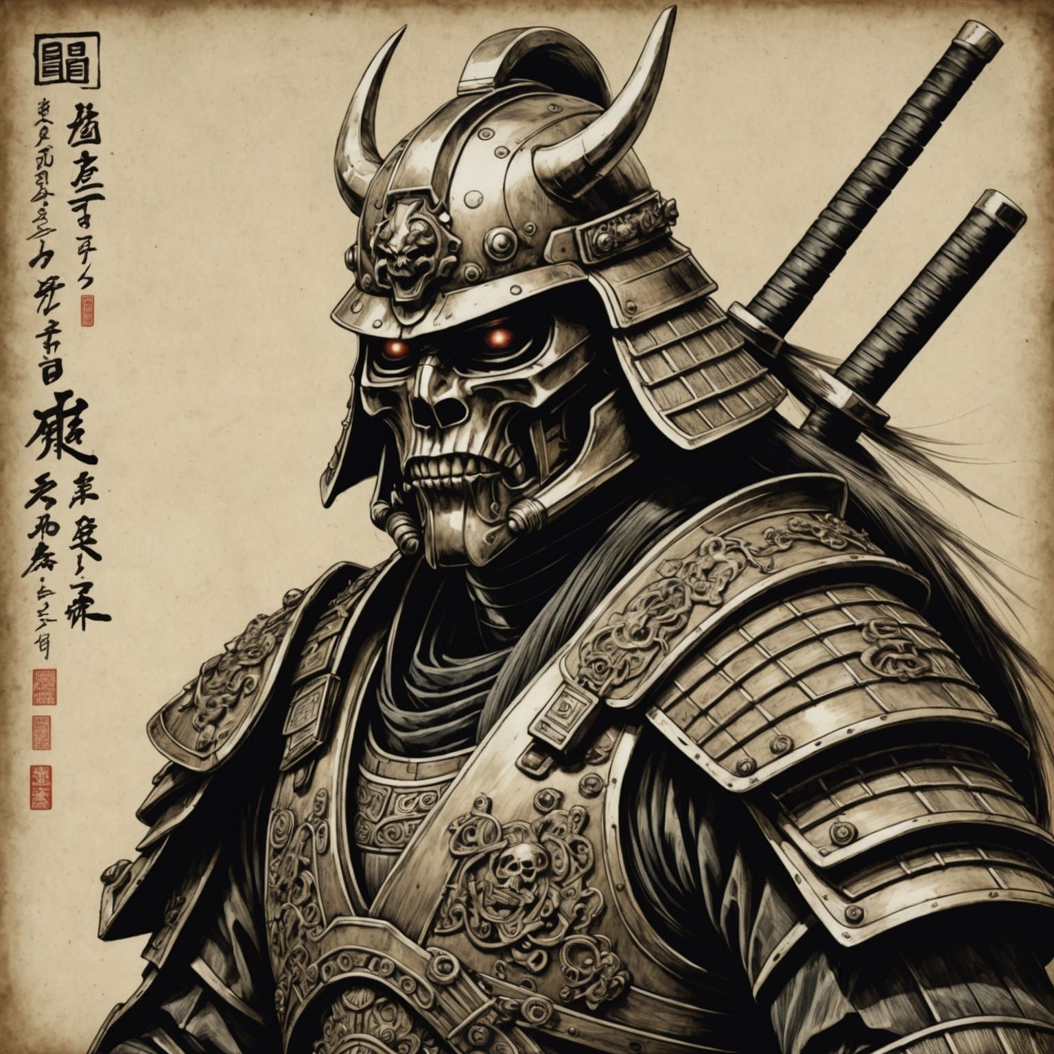 Gothic Terminator Samurai in Ukiyo-e Style