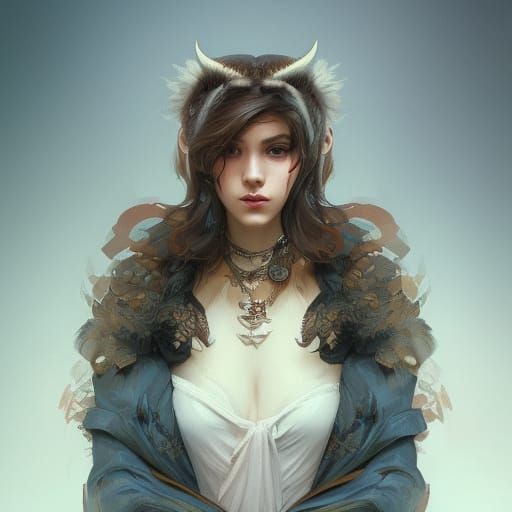 Detailed Owl Girl Portrait in Art Nouveau Style