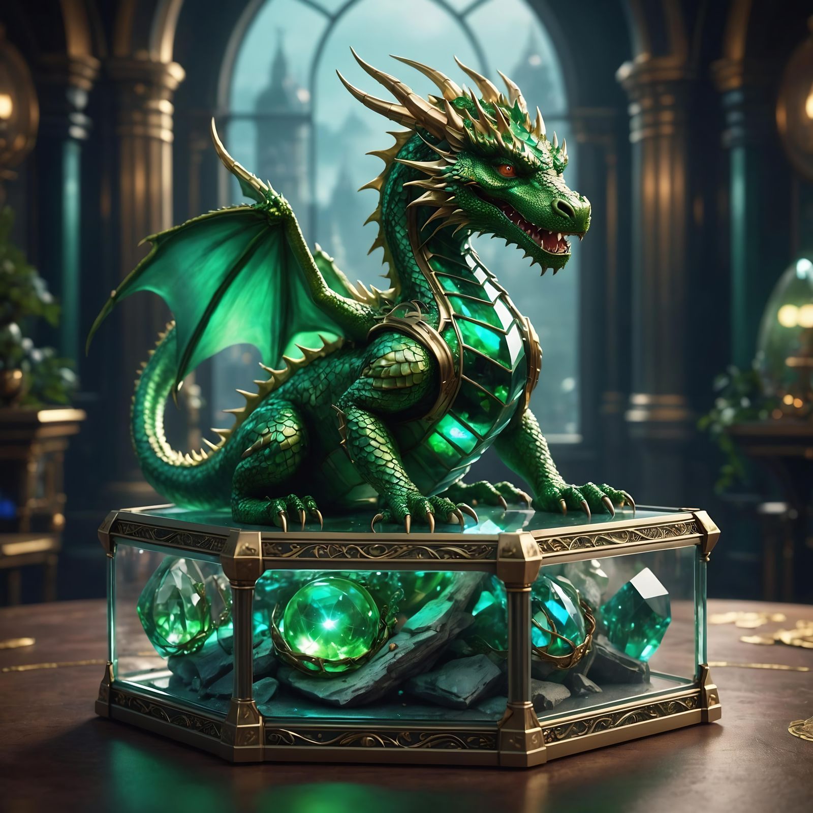 Green Dragon in Glass Jewelry Box, Futuristic Slovenia