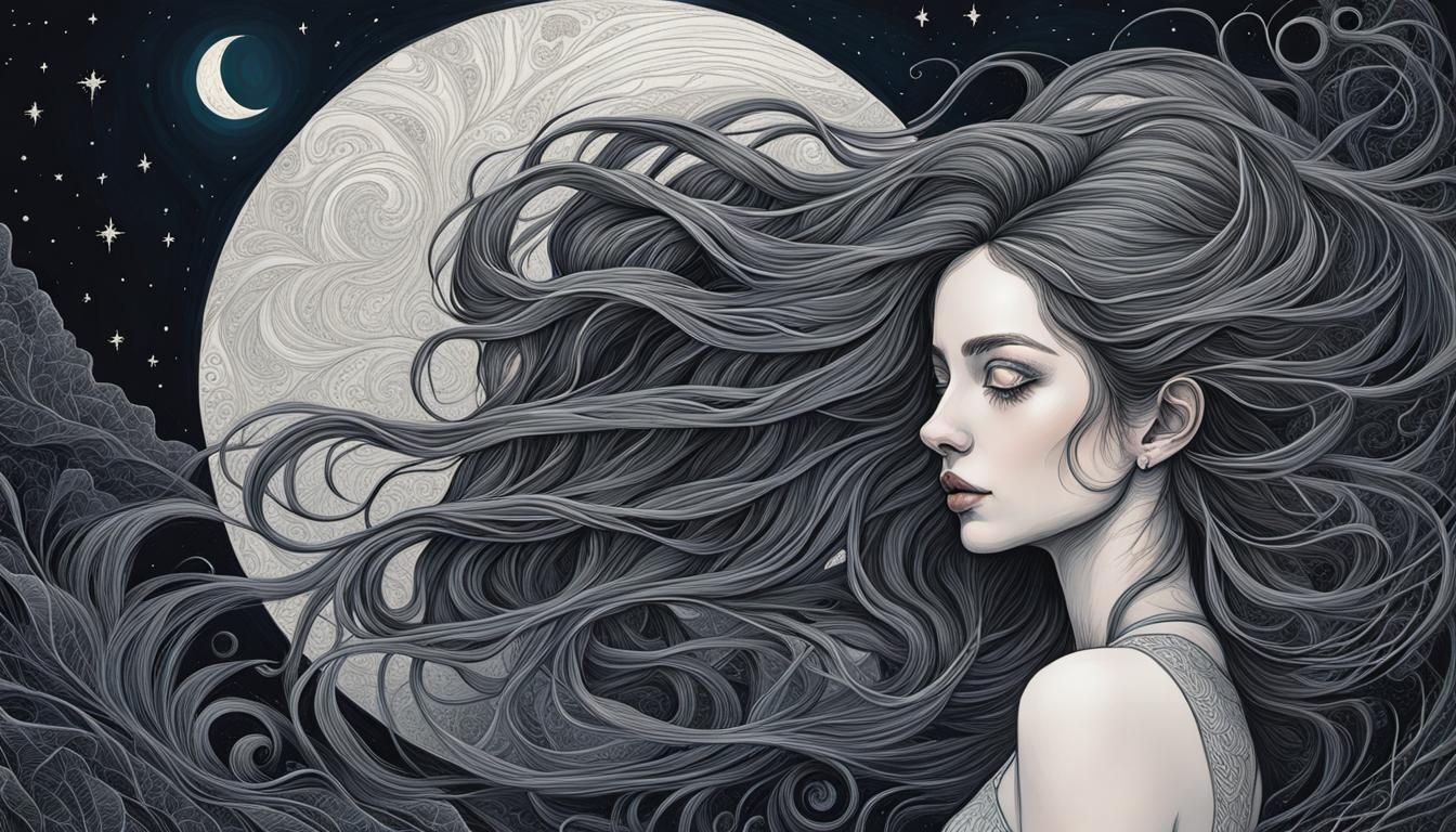 Girl in Moonlit Night: Detailed Oil Paint Line Art