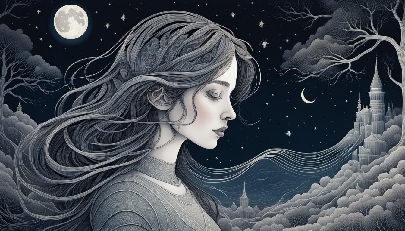 Girl in Moonlit Night: Detailed Oil Paint Line Art