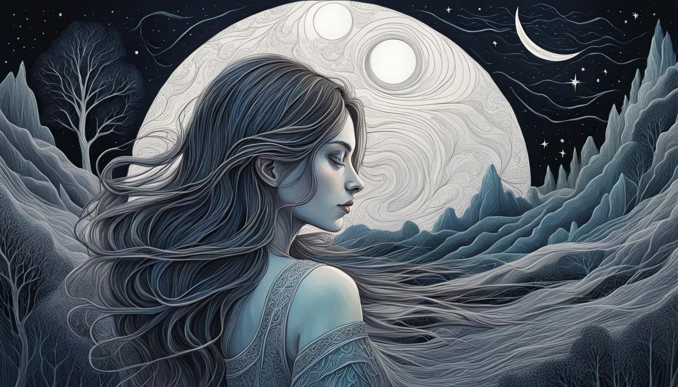 Girl in Moonlit Night: Detailed Straight-Line Art