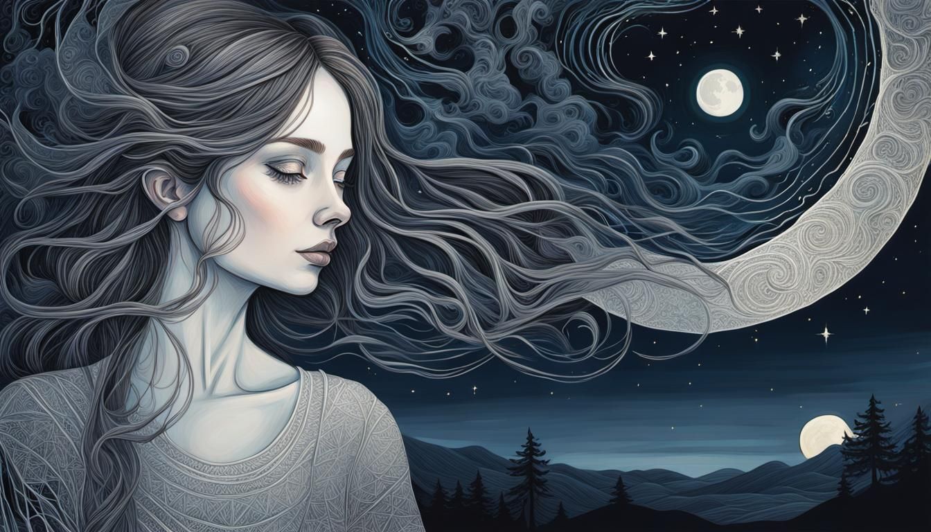 Girl in Moonlit Night: Detailed Line Art