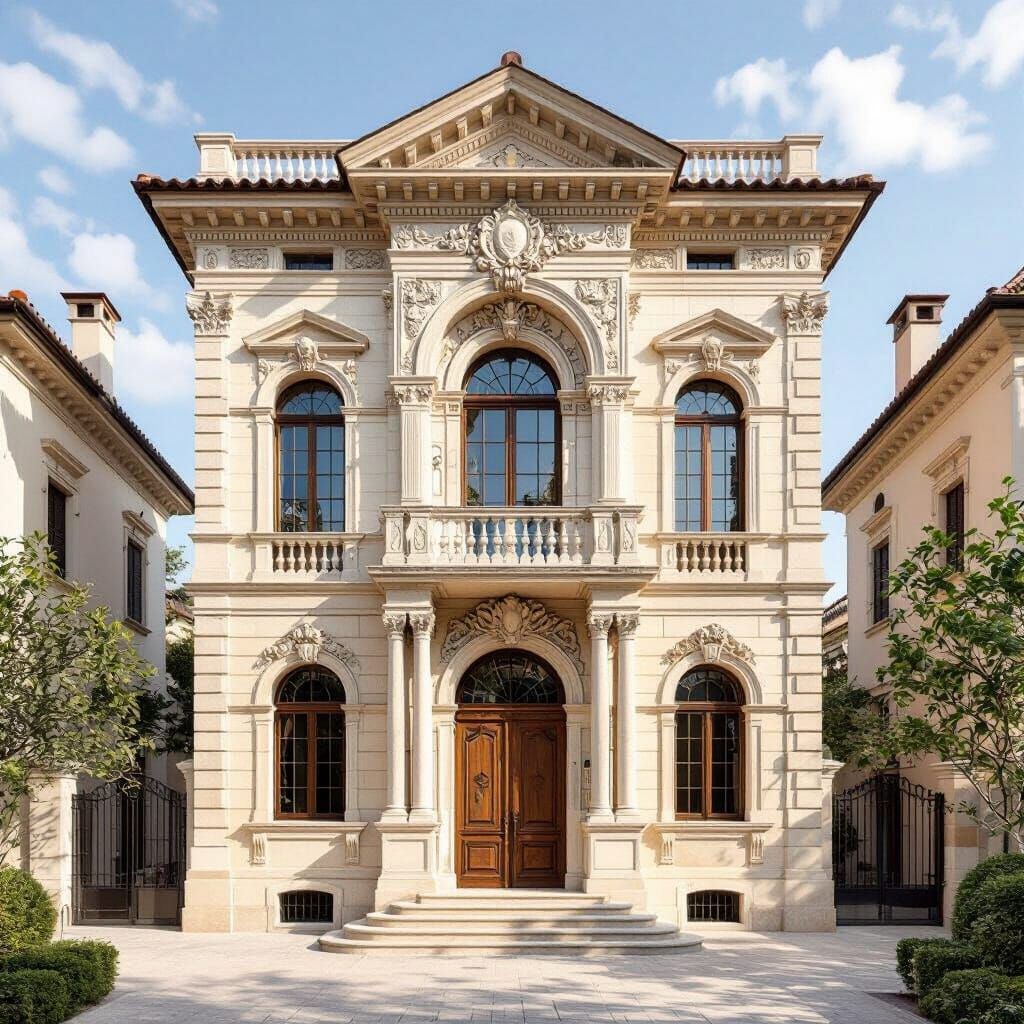 Renaissance Building with Arched Windows and Stone Balustrad...