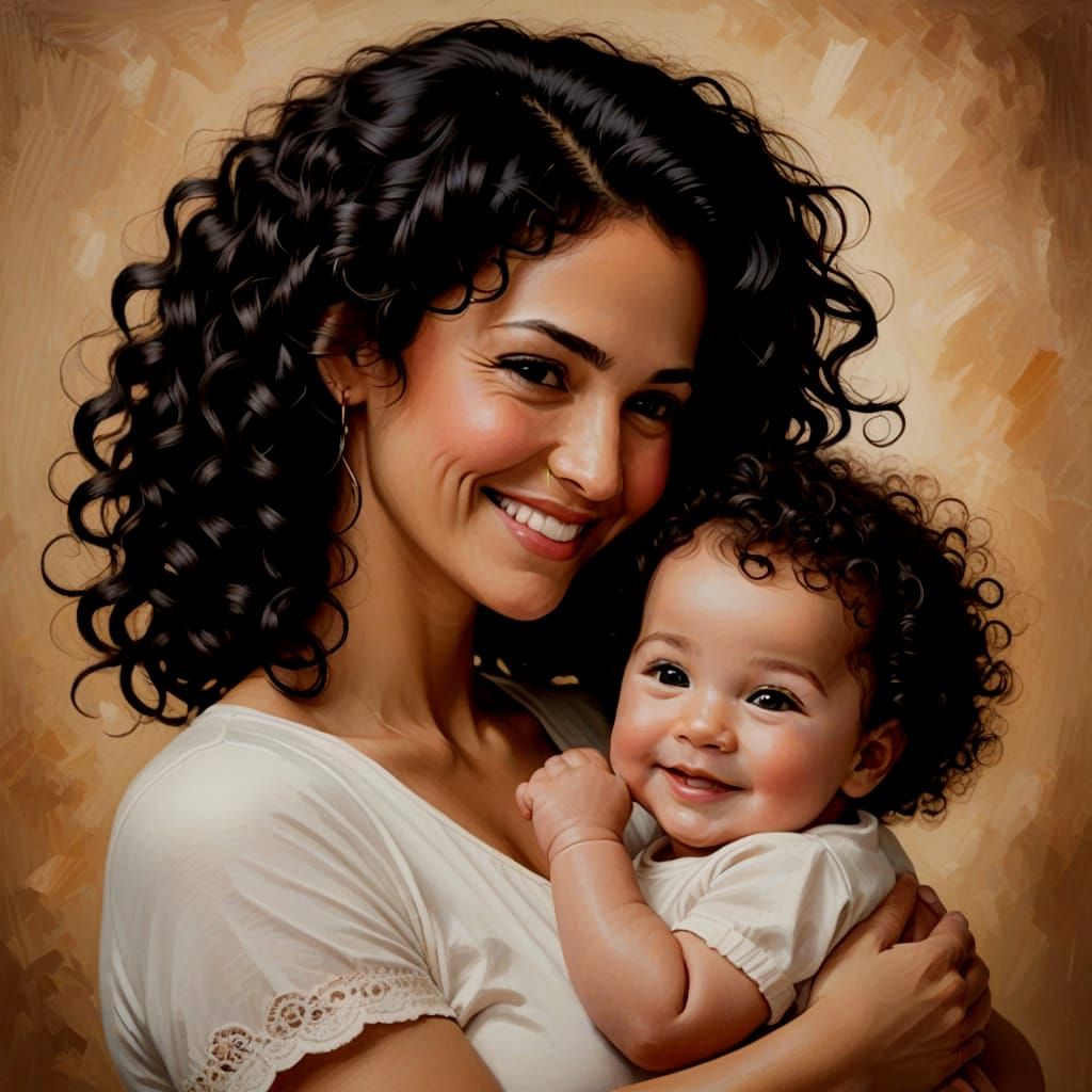 A mother with curly hair holding a happy infant