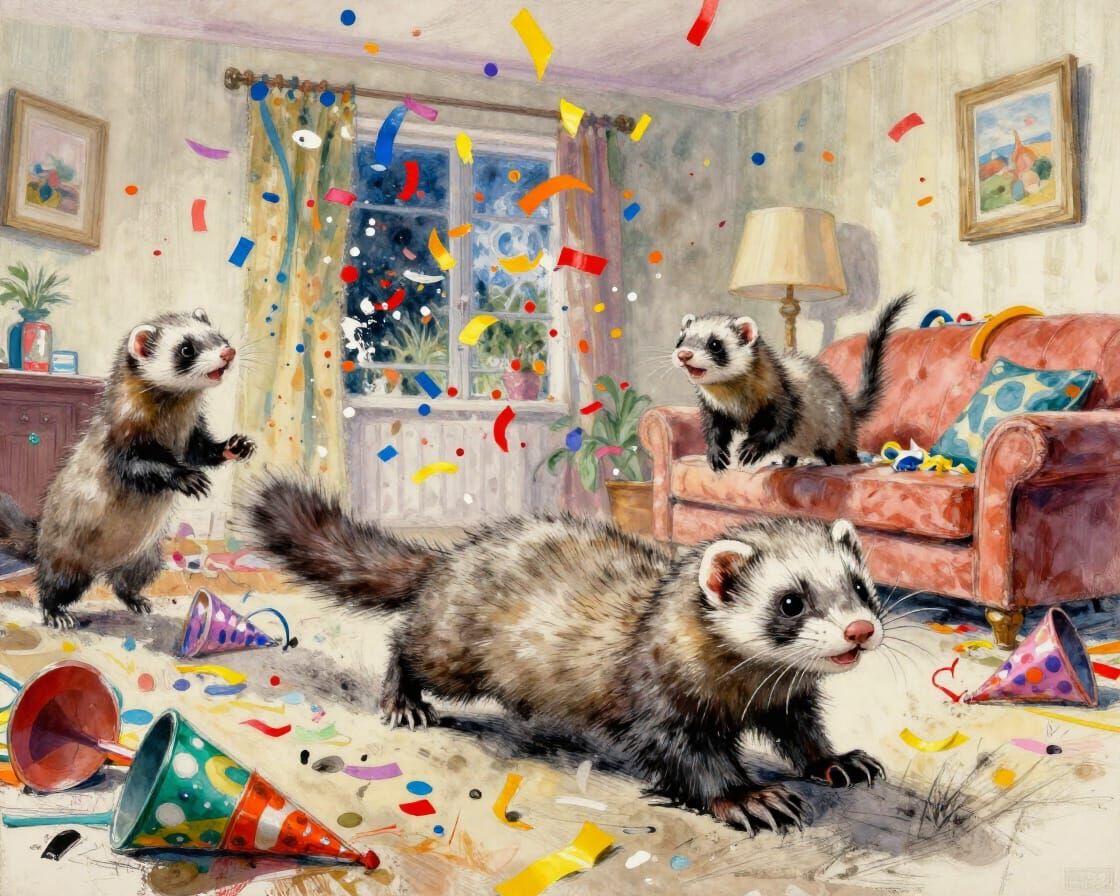 Playful Ferrets Race Through Confetti-Filled Living Room Ske...