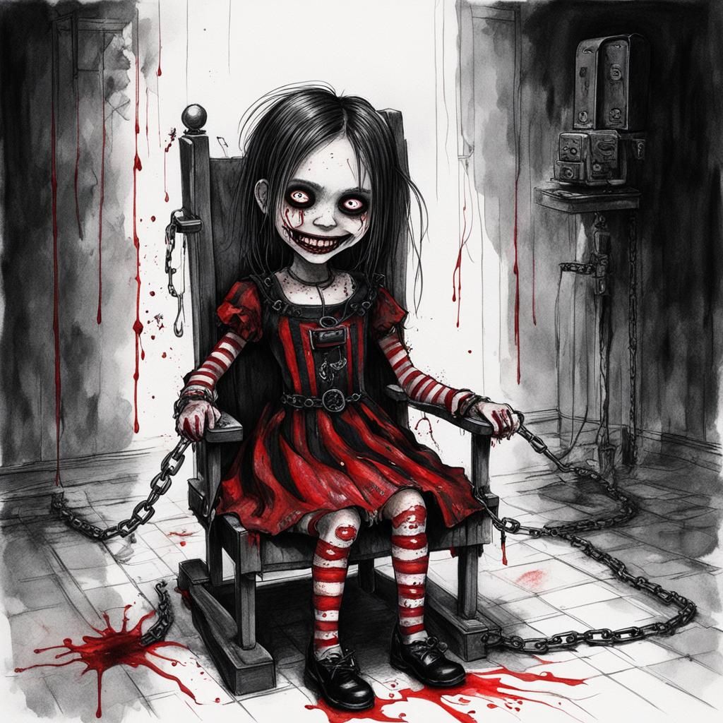 Dark sketch drawing of a little goth girl chained into an electric chair with a wide eyed smile baring her blood drippin...
