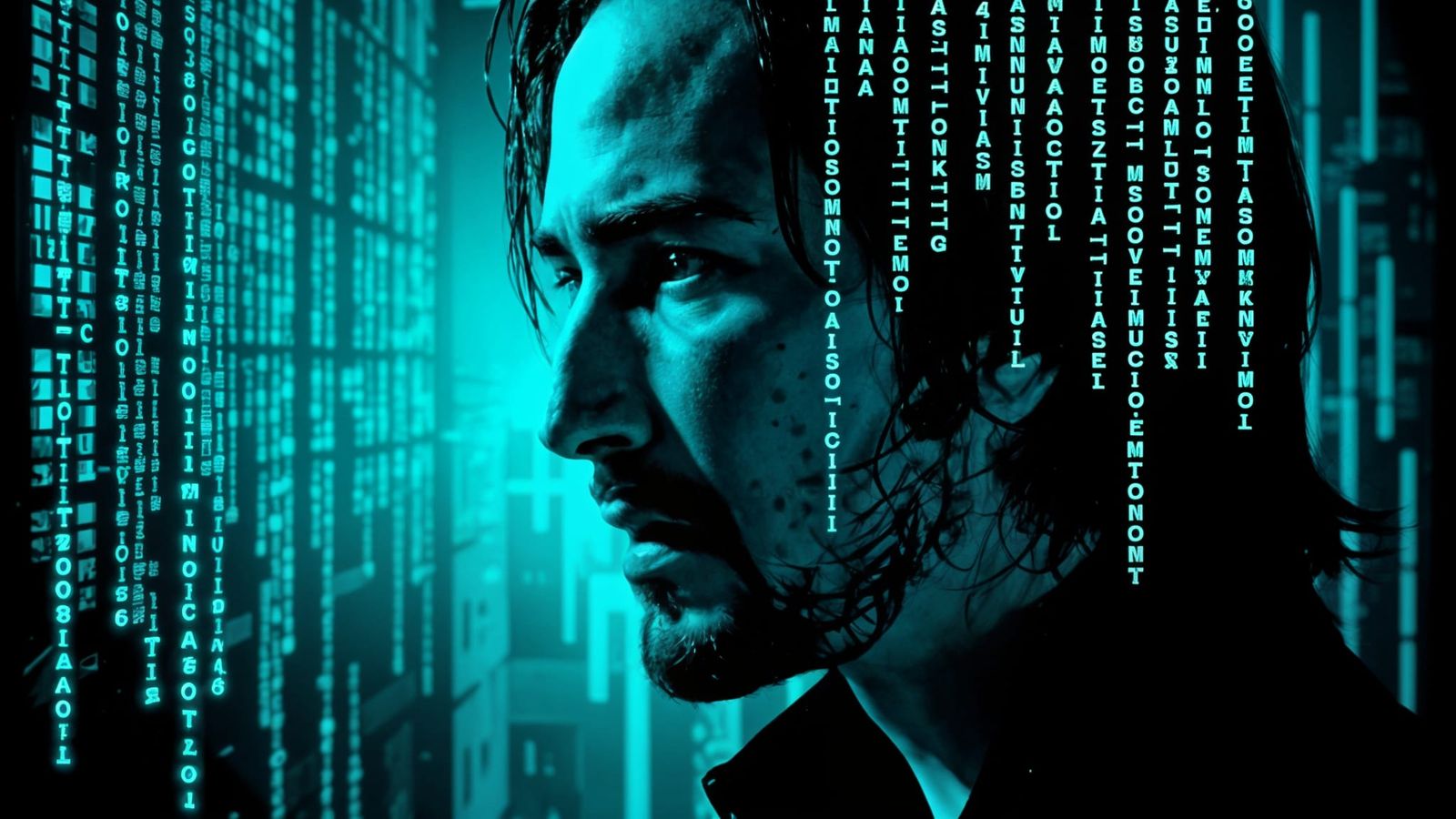 Neo From The Matrix in Cyberpunk Binary Code City