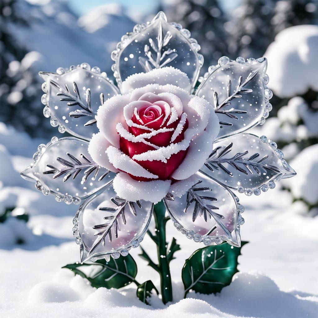 Crystal Sugar Rose with Sparkling Crystals in Snow
