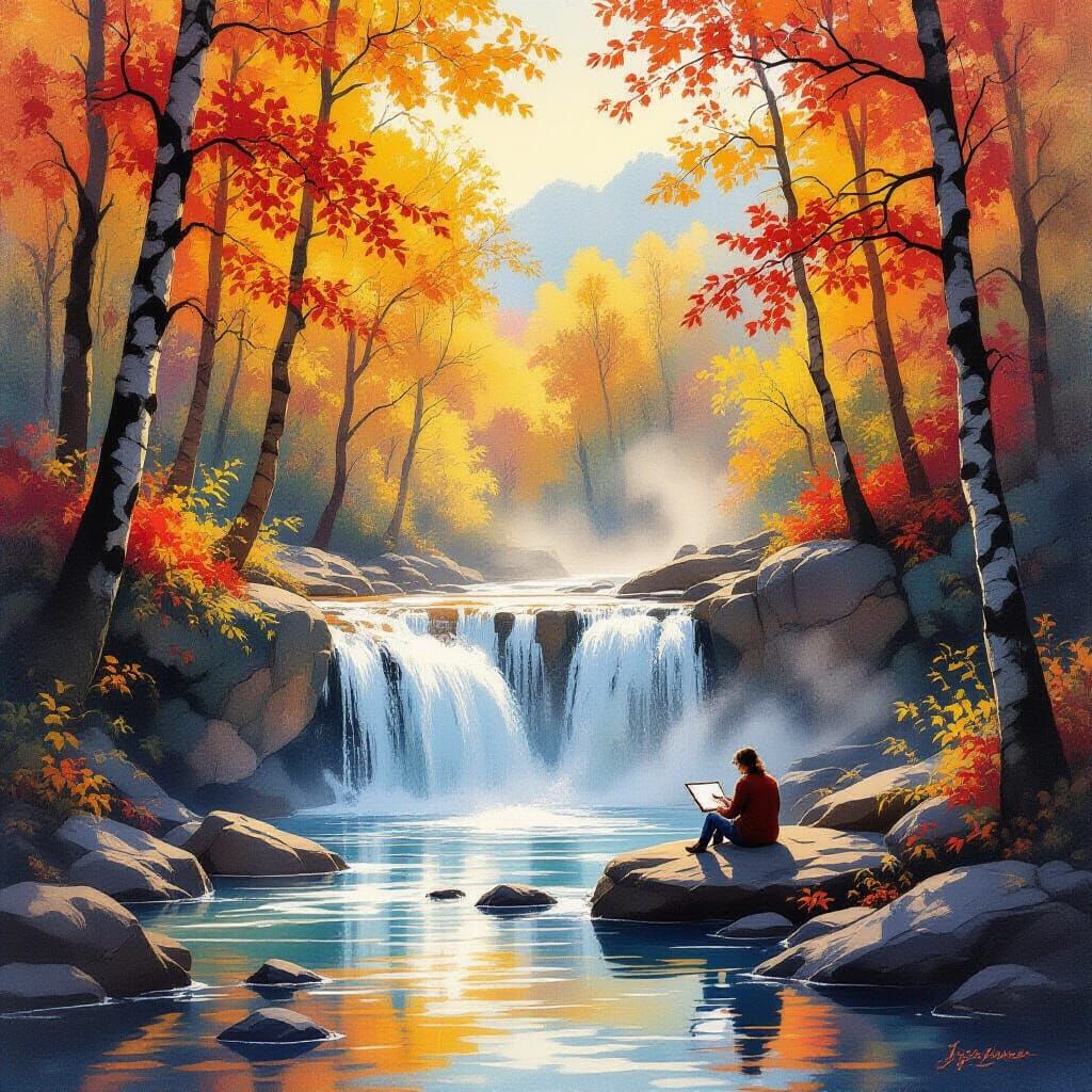 Autumn Waterfall Serenity: Golden Light on Forest Scene