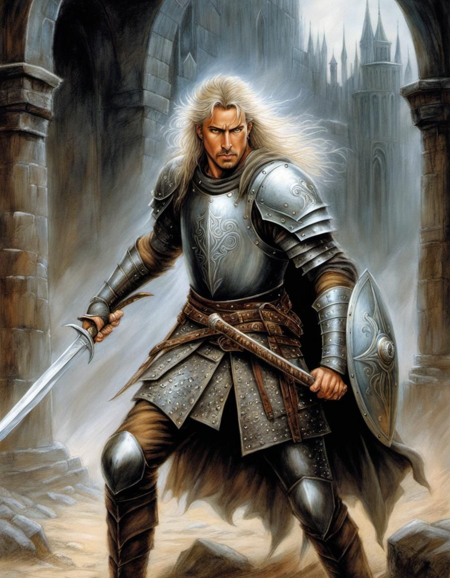 Shielded Warrior Battles Onward: Pastel Fantasy Art