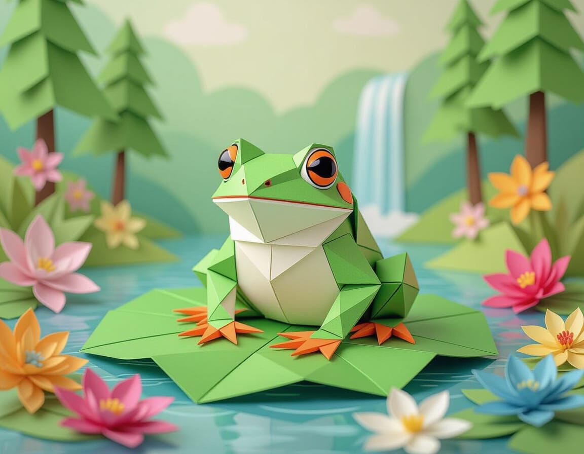 Colorful Origami Frog on Leaf with Paper Flowers