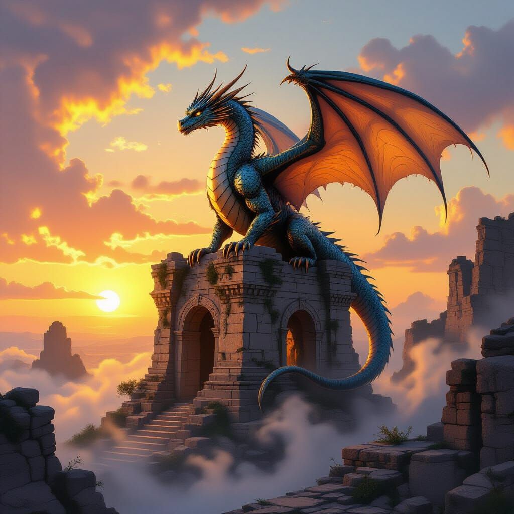 Dragon on Ancient Ruin at Dawn - Epic Fantasy Art