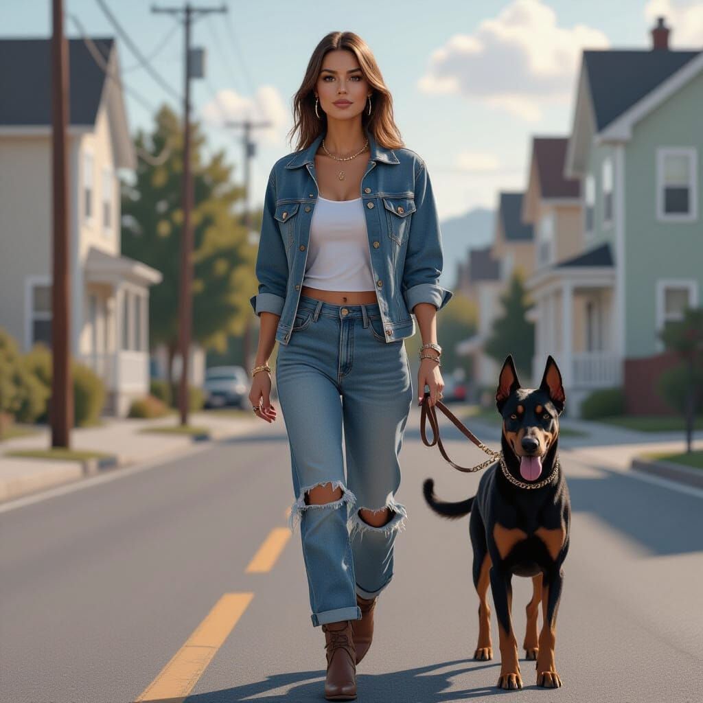 Woman Walking Doberman in Realistic Style