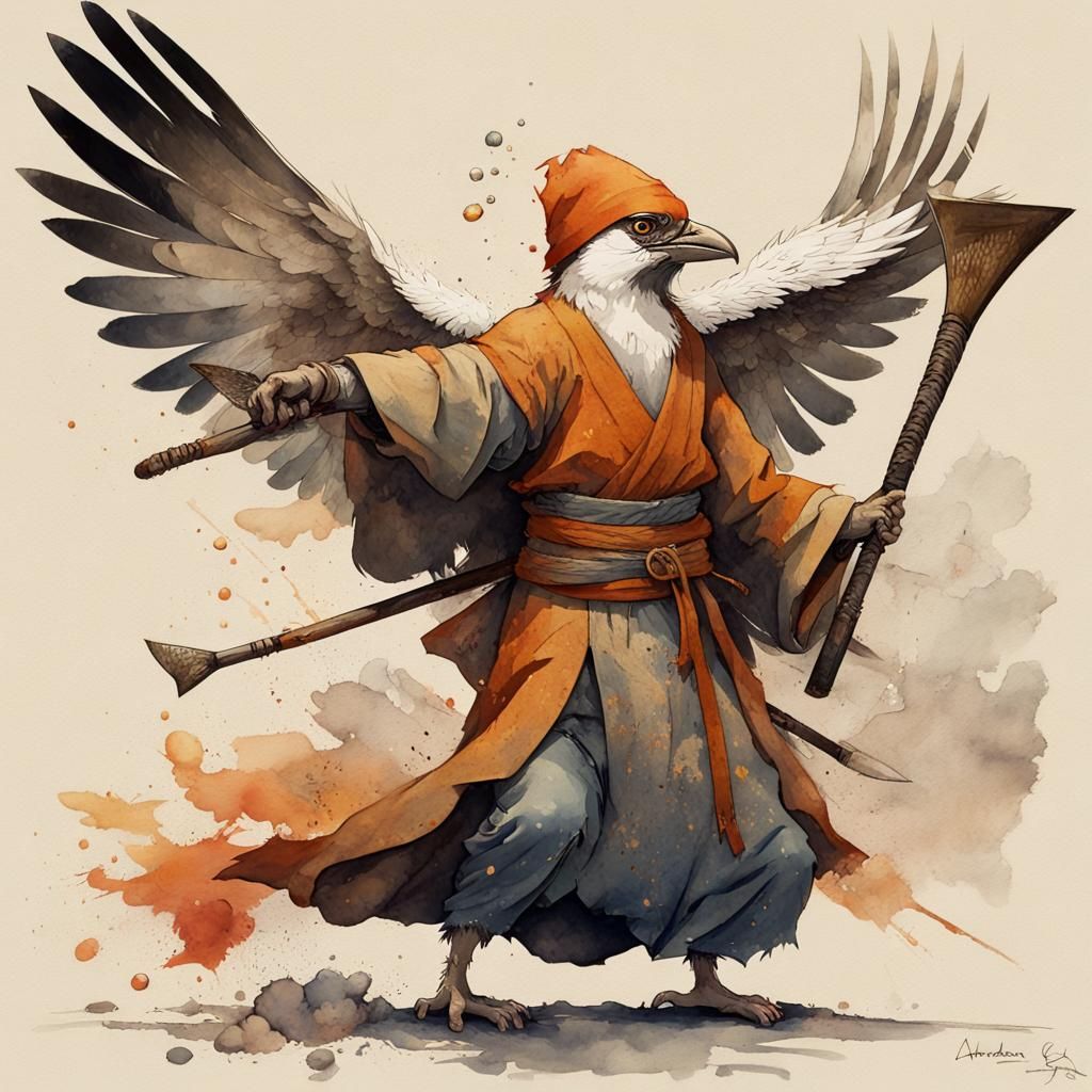Sparrow Aarakocra Warrior Monk in Watercolour Style