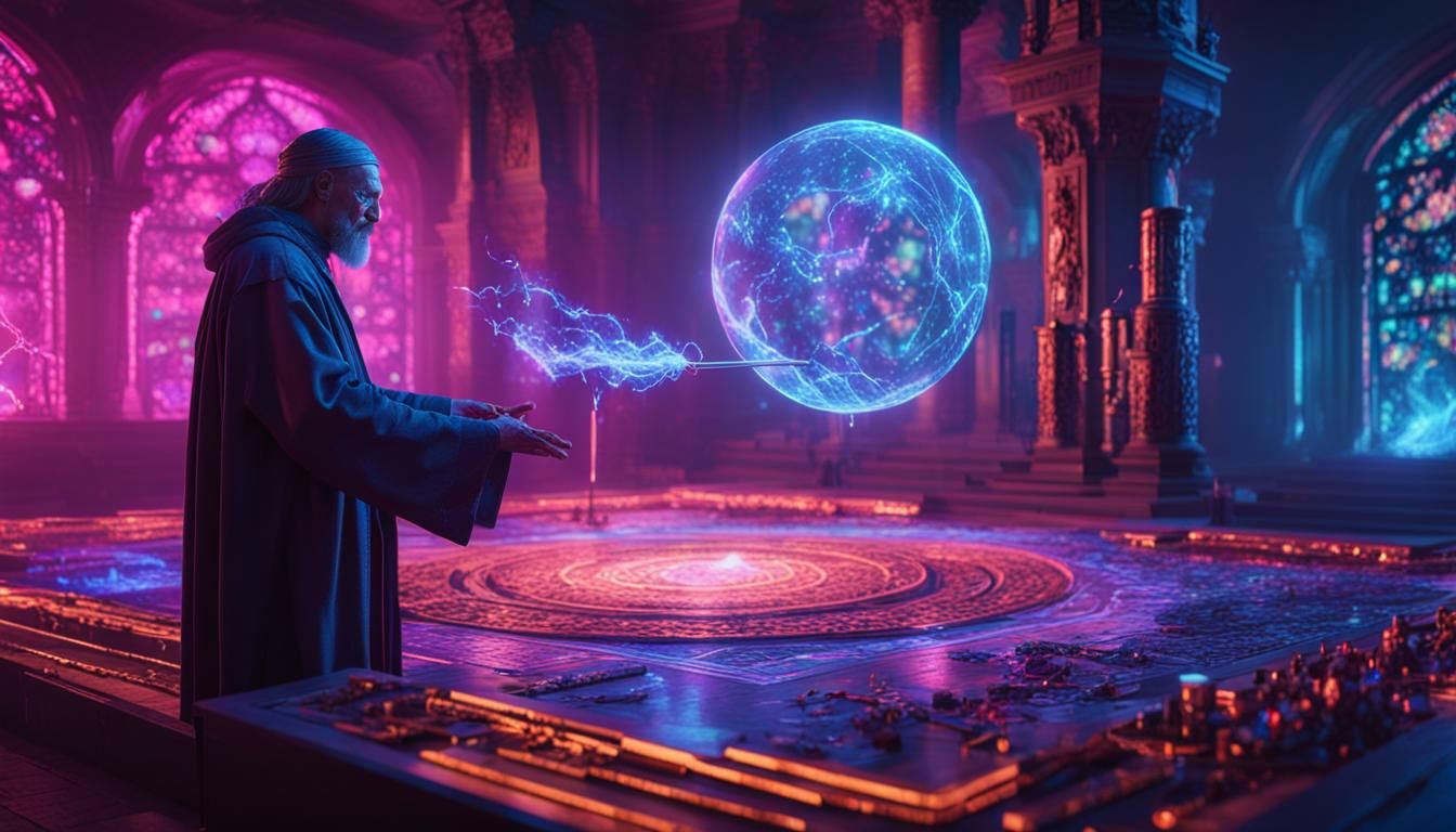 Hyperrealistic Sorcerer Casting Holographic Spells in Synthw...