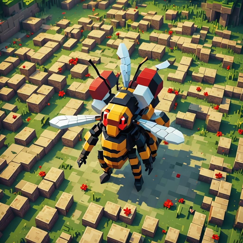 Giant Minecraft Bee Chasing Player: Pixel Art Illustration