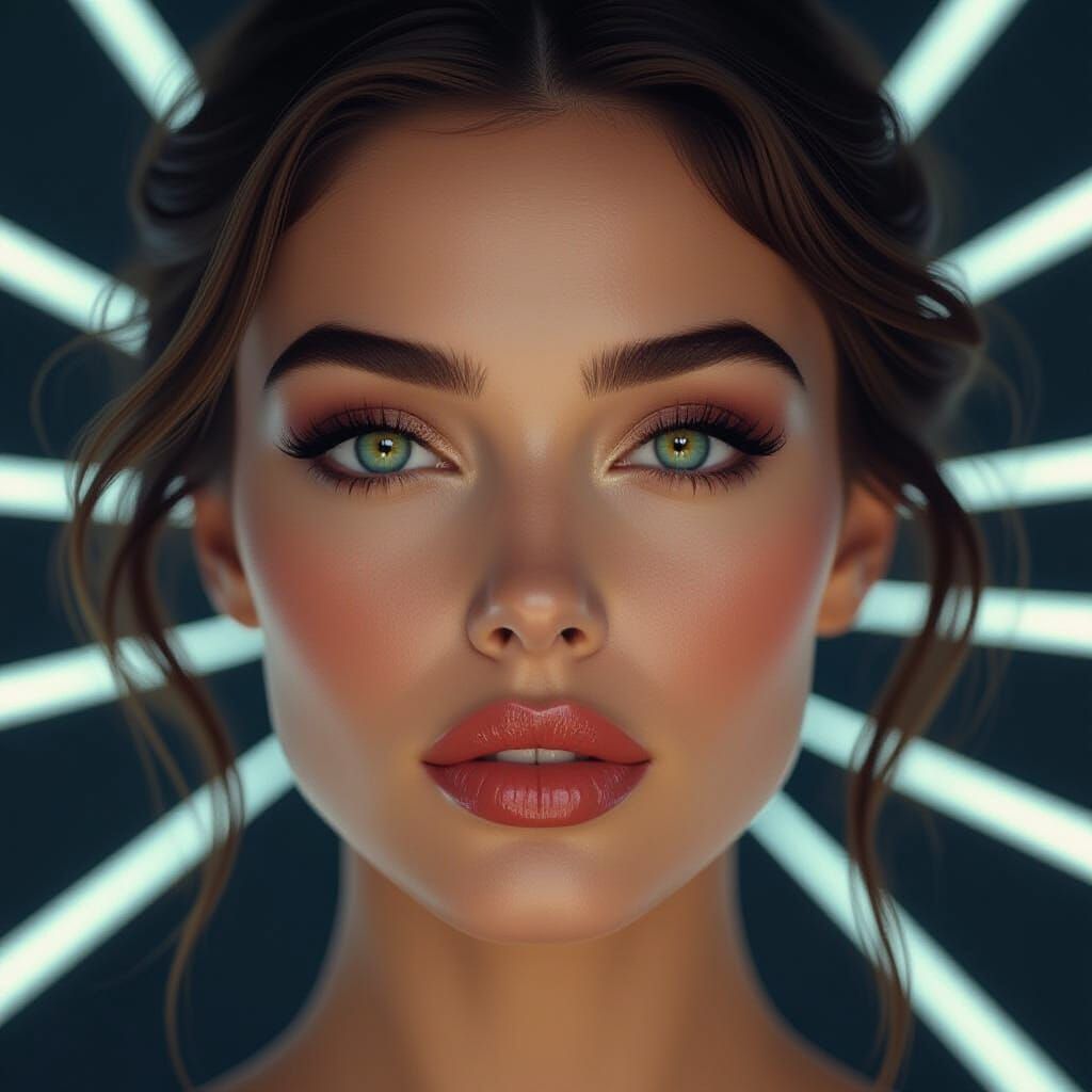 A photo of a woman's face in close-up, with her eyes and lip...