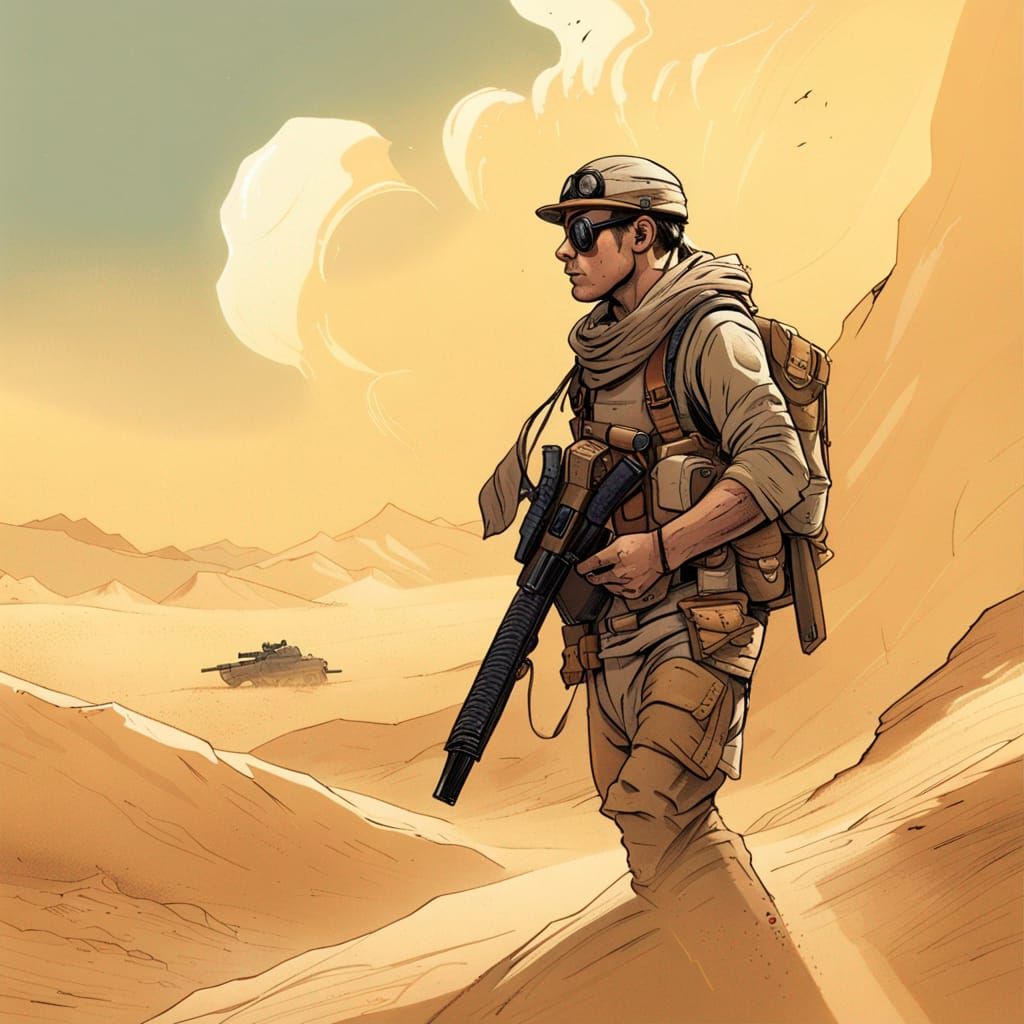 Soldier Scouting in Desert Sandstorm: Comic Book Art
