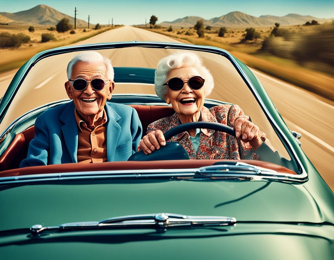 Elderly Couple's Joyful Road Trip in Classic Car