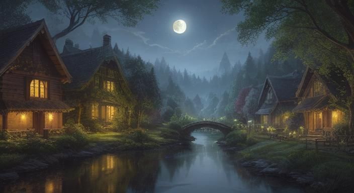 Moonlit Village Among Ancient Trees