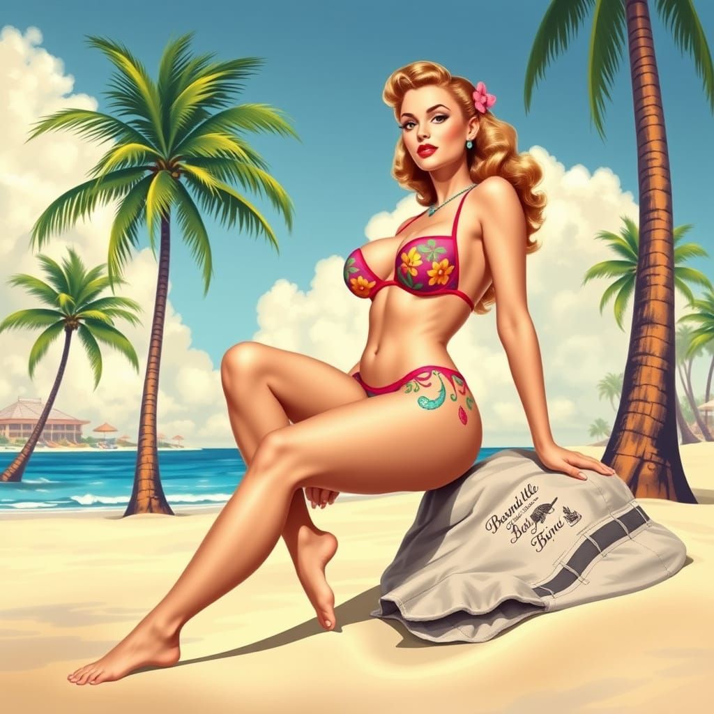Classic Pin-Up: Voluptuous Woman on Sunny Beach