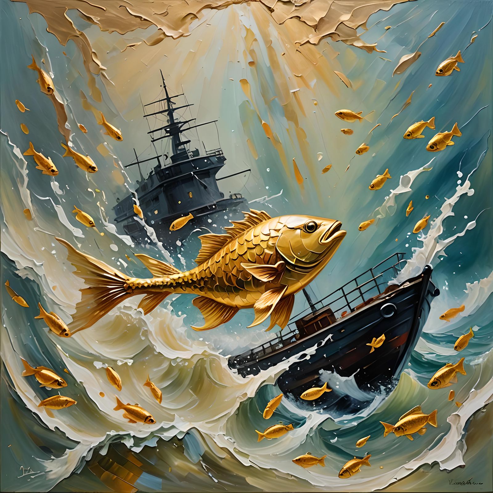 Golden Fish in Abstract Impressionist Impasto Painting