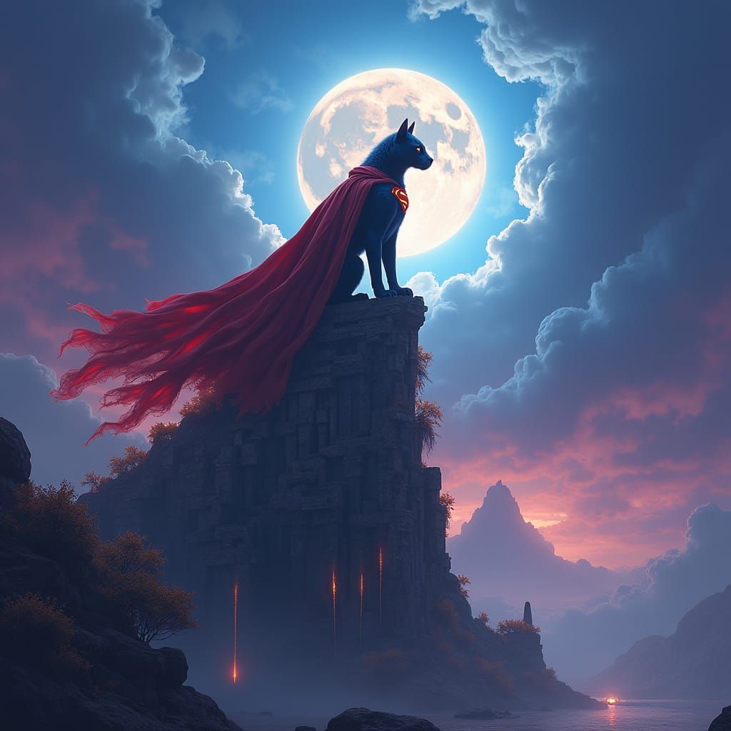 Superman Cat on Ancient Temple Ruins