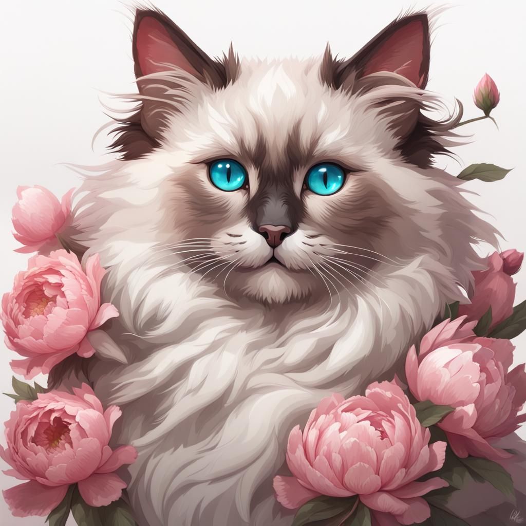 Ragdoll Kitten Portrait with Peonies, Digital Art