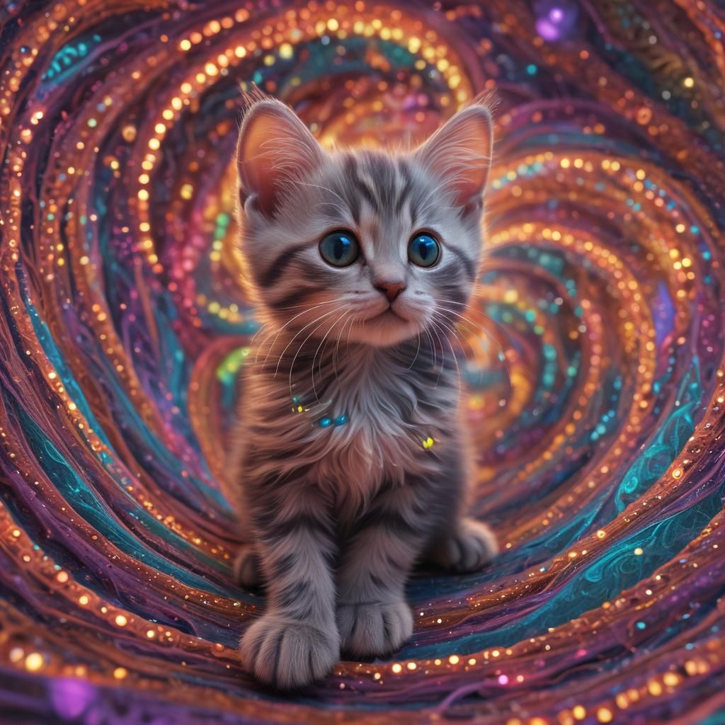 Whimsical Kitten in Colorful Vortex, Concept Art