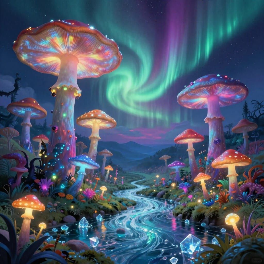 Ethereal Mushroom Landscape with Crystal River and Aurora Sk...